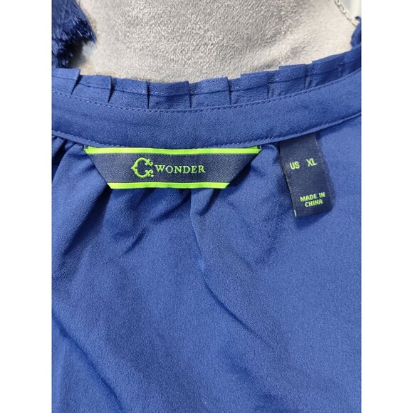 C Wonder Batwing Blouse Blue Tassle Tie Pleated Neckline Top Lightweight Size XL - Picture 4 of 9